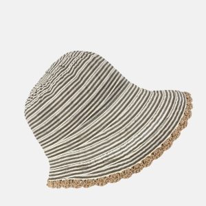 Beige and Cream Striped Cloche Hat with Crochet Trim