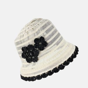 Ivory and Black Crochet Edge Flower Summer Bucket Hat