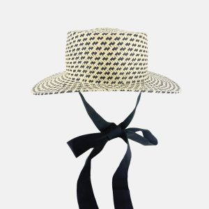Raffia Boater Hat in Black and Natural