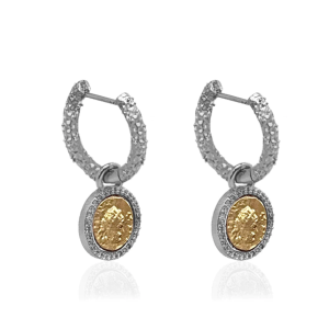 Silver Crystal Huggies with Slide On Gold Dupre Coins Earrings