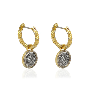 Gold Crystal Huggies with Slide On Silver Dupre Coins Earrings